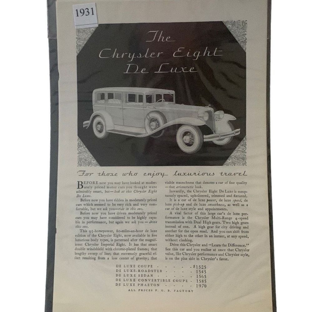 Vintage 1931 Chrysler The New Chrysler Eight De Luxe Ad Advertisement
